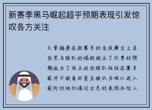 新赛季黑马崛起超乎预期表现引发惊叹各方关注