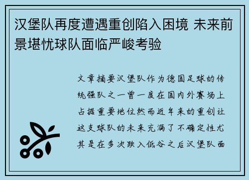 汉堡队再度遭遇重创陷入困境 未来前景堪忧球队面临严峻考验