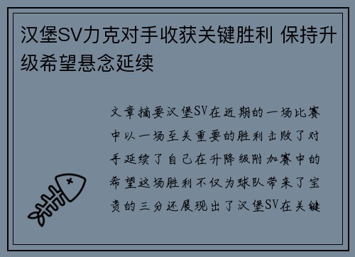 汉堡SV力克对手收获关键胜利 保持升级希望悬念延续