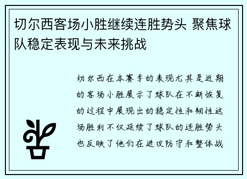 切尔西客场小胜继续连胜势头 聚焦球队稳定表现与未来挑战