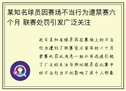 某知名球员因赛场不当行为遭禁赛六个月 联赛处罚引发广泛关注